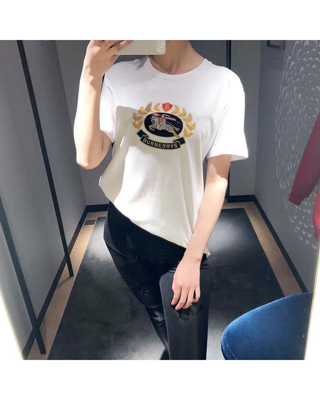 Burberry White Equestrian Knight Logo Embroidered T-Shirt