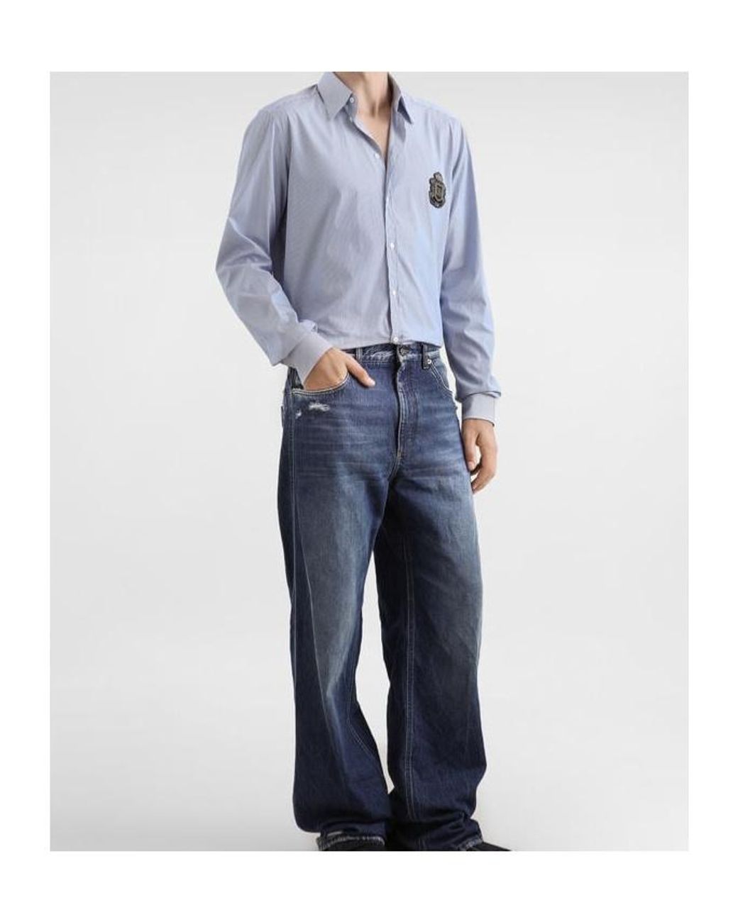 Dolce & Gabbana Blue Crest-Embroidered Striped Shirt for men