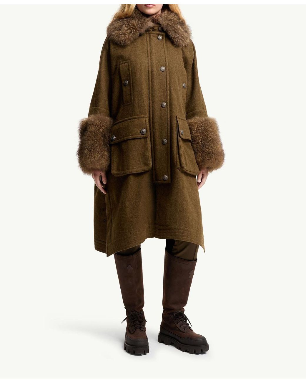 Moncler Brown Mantreau Shearling-Trimmed Loden Cape