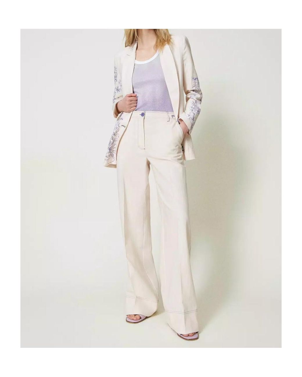 Twinset White Floral-Embroidered Palazzo Pants