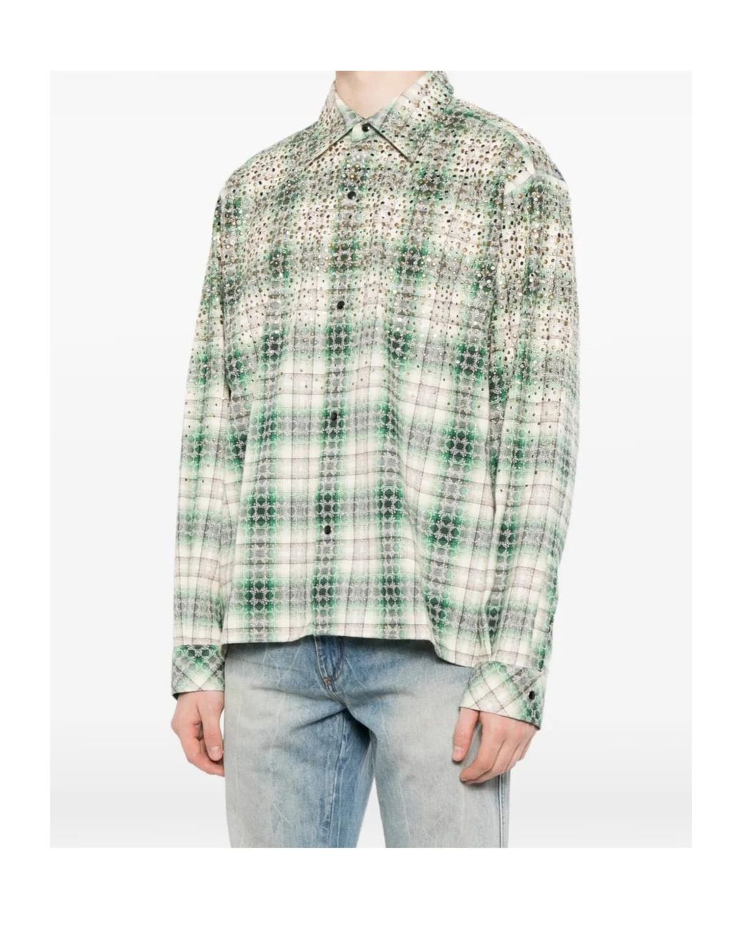 Amiri Green Stud-Embellished Checked Shirt for men