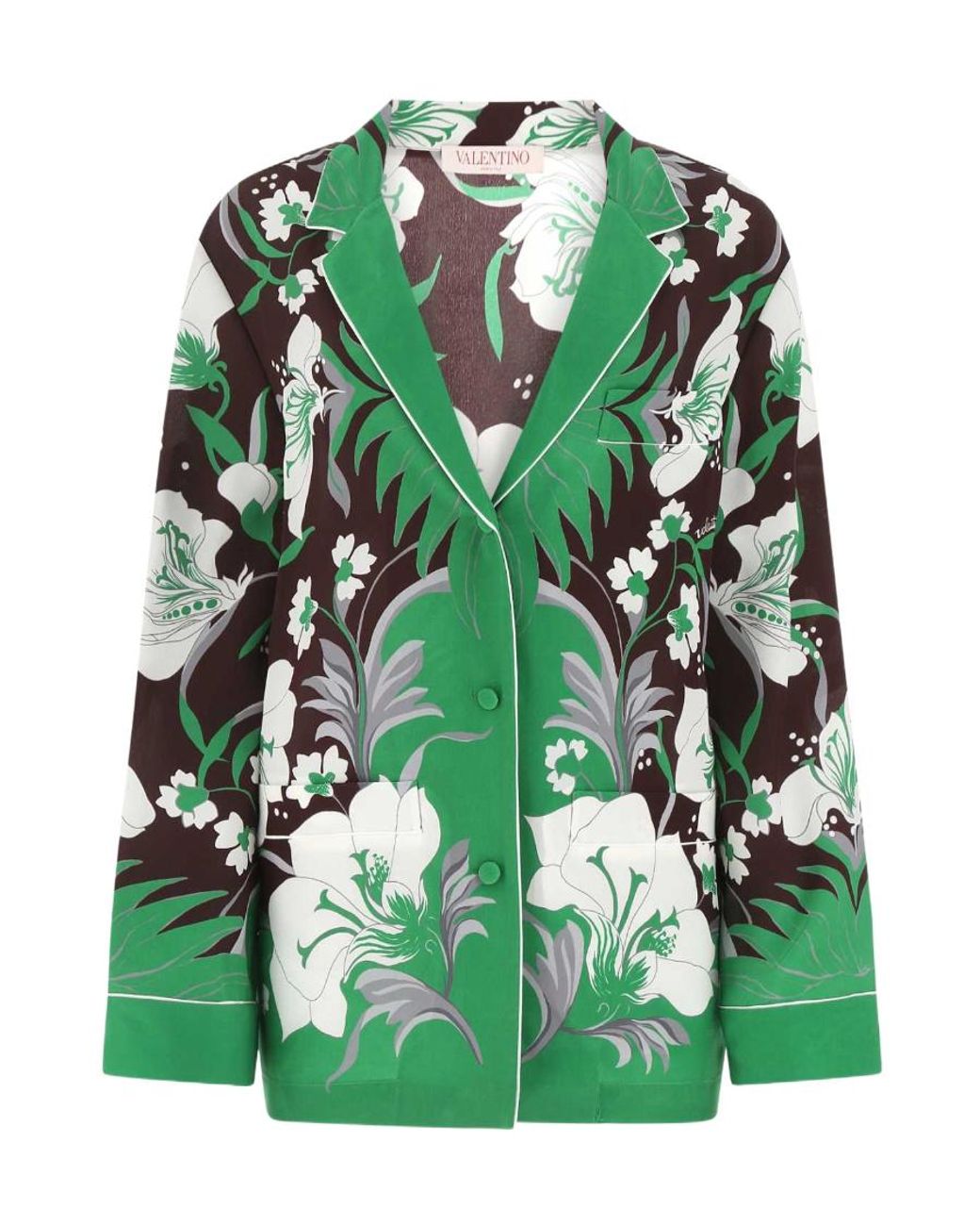 Valentino Green Floral-Print Silk Shirt