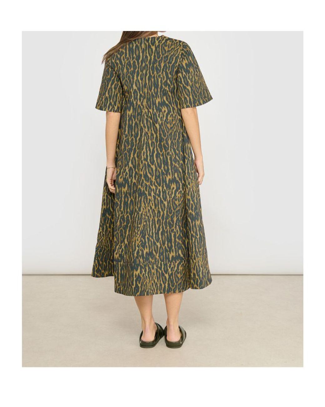 Ganni Green Leopard-Printed V-Neck Dress