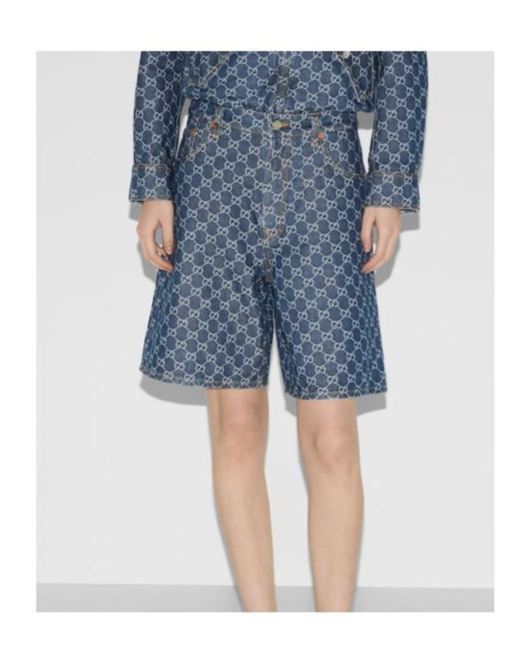 Gucci Blue Leather-Trimmed Denim Bermuda Shorts