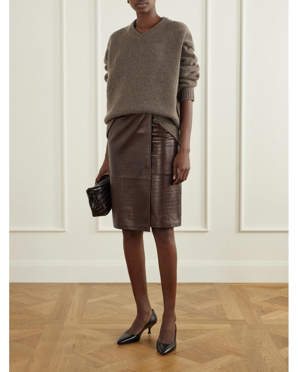 Nour Hammour Brown Leather Midi Wrap Skirt