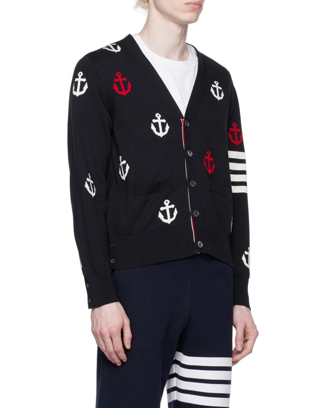 Thom Browne Blue Bar Anchor Intarsia Cardigan for men