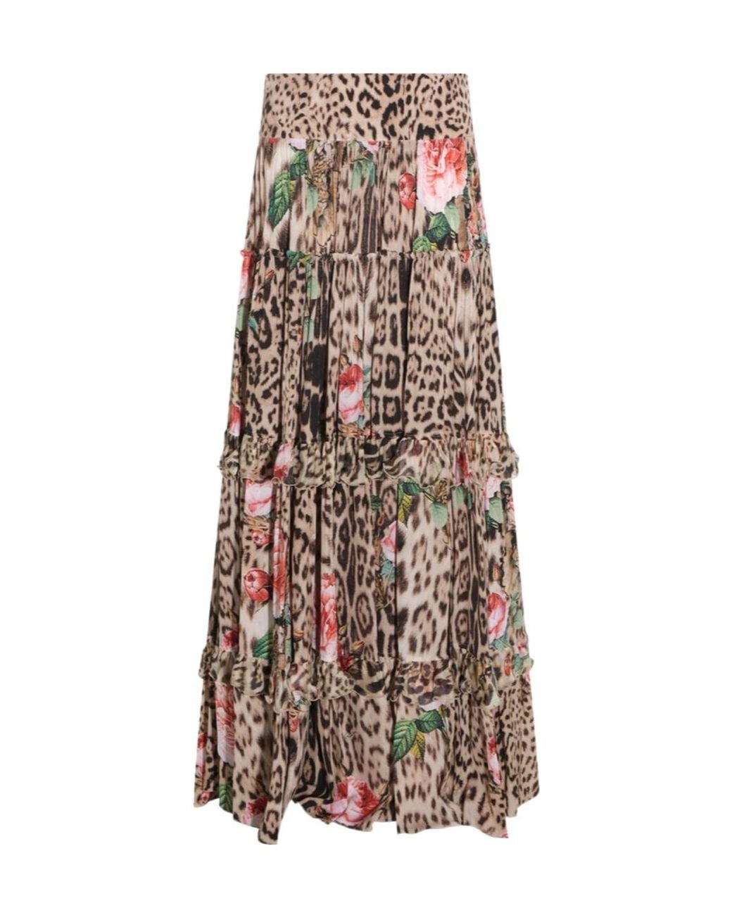 Roberto Cavalli Natural Tiered Animal-Print Skirt