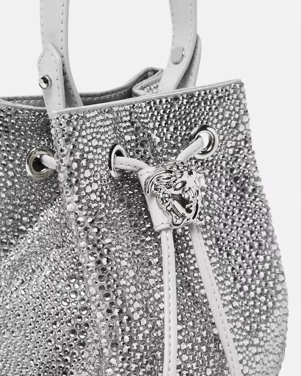 Versace Gray La Medusa Embellished Satin Mini Bucket Bag