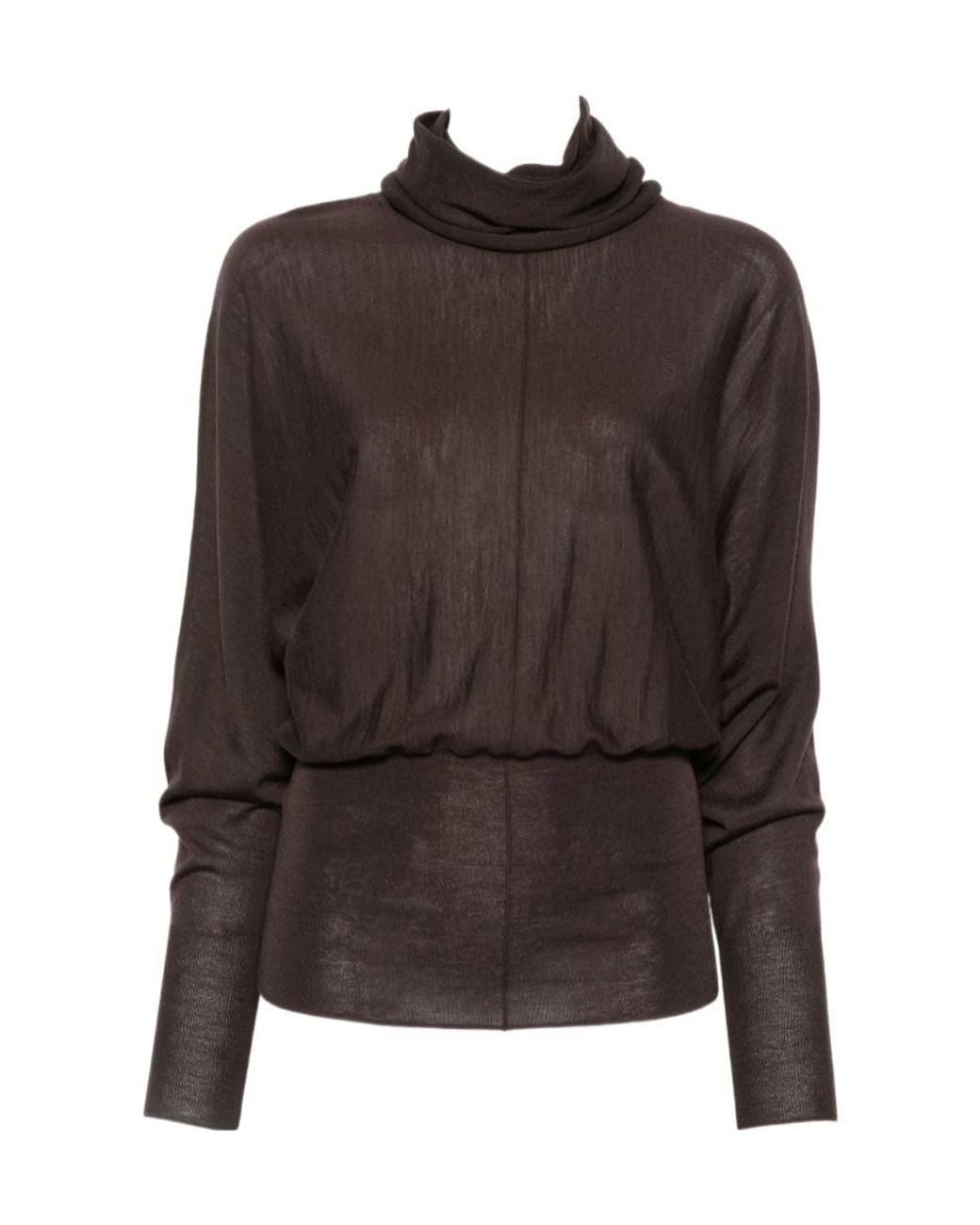 Soeur Brown Sheer, Draped, High-Neck Long-Sleeve Knit Top