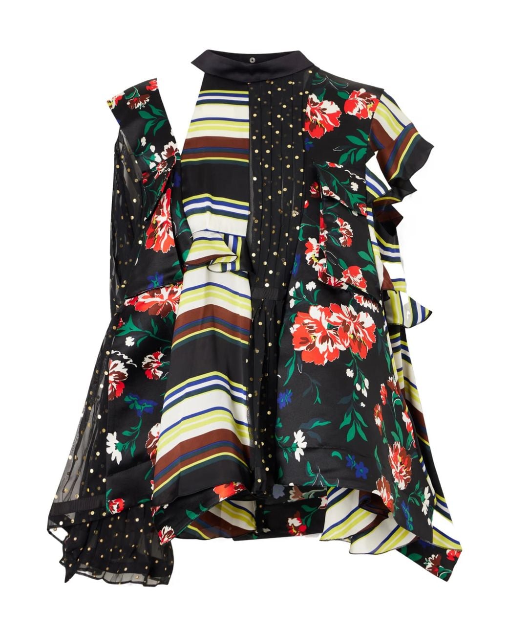 Sacai Black Pattern Mix Printed Ruffled Blouse