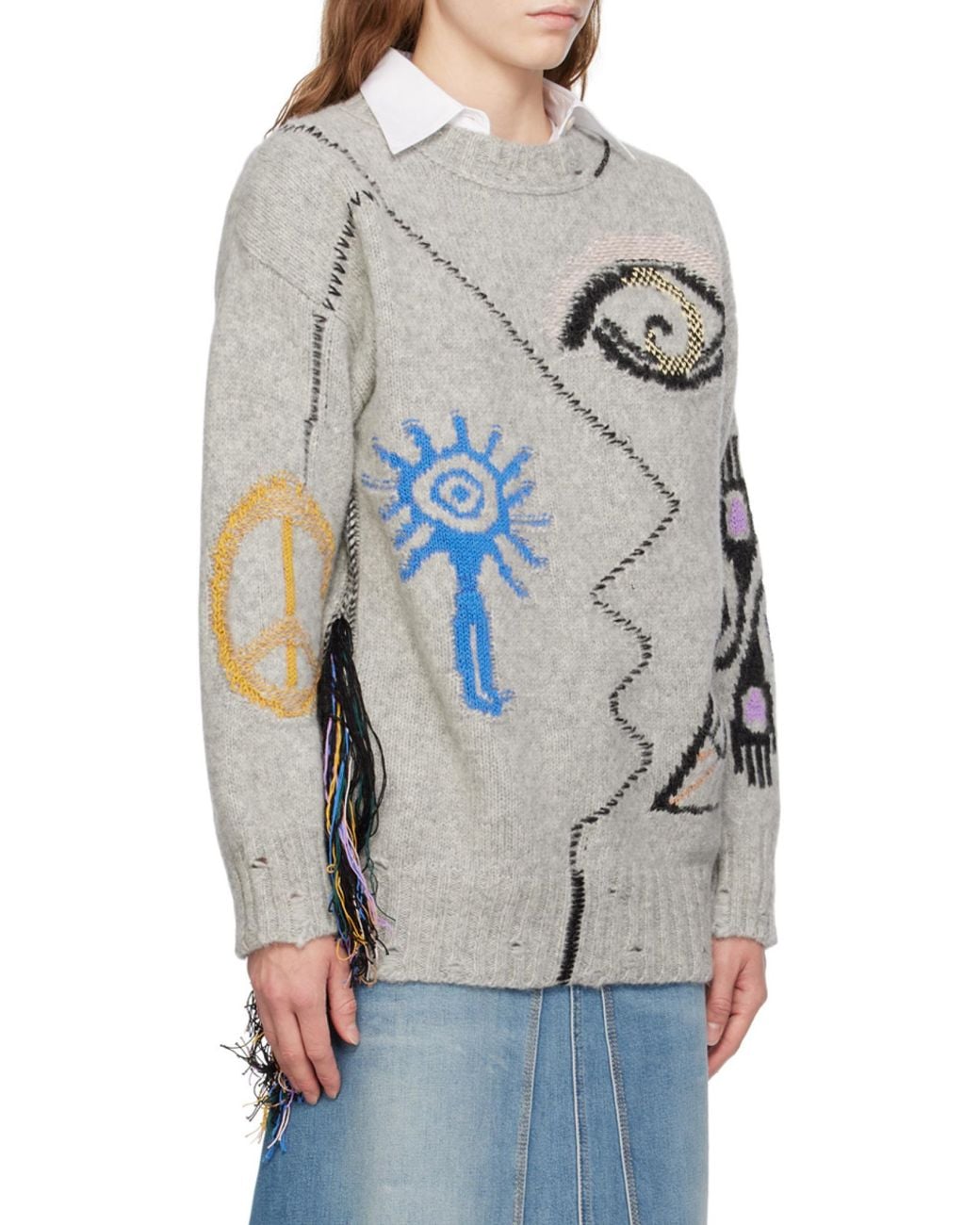 Stella McCartney White Art Embroidered Crewneck Knit Sweater