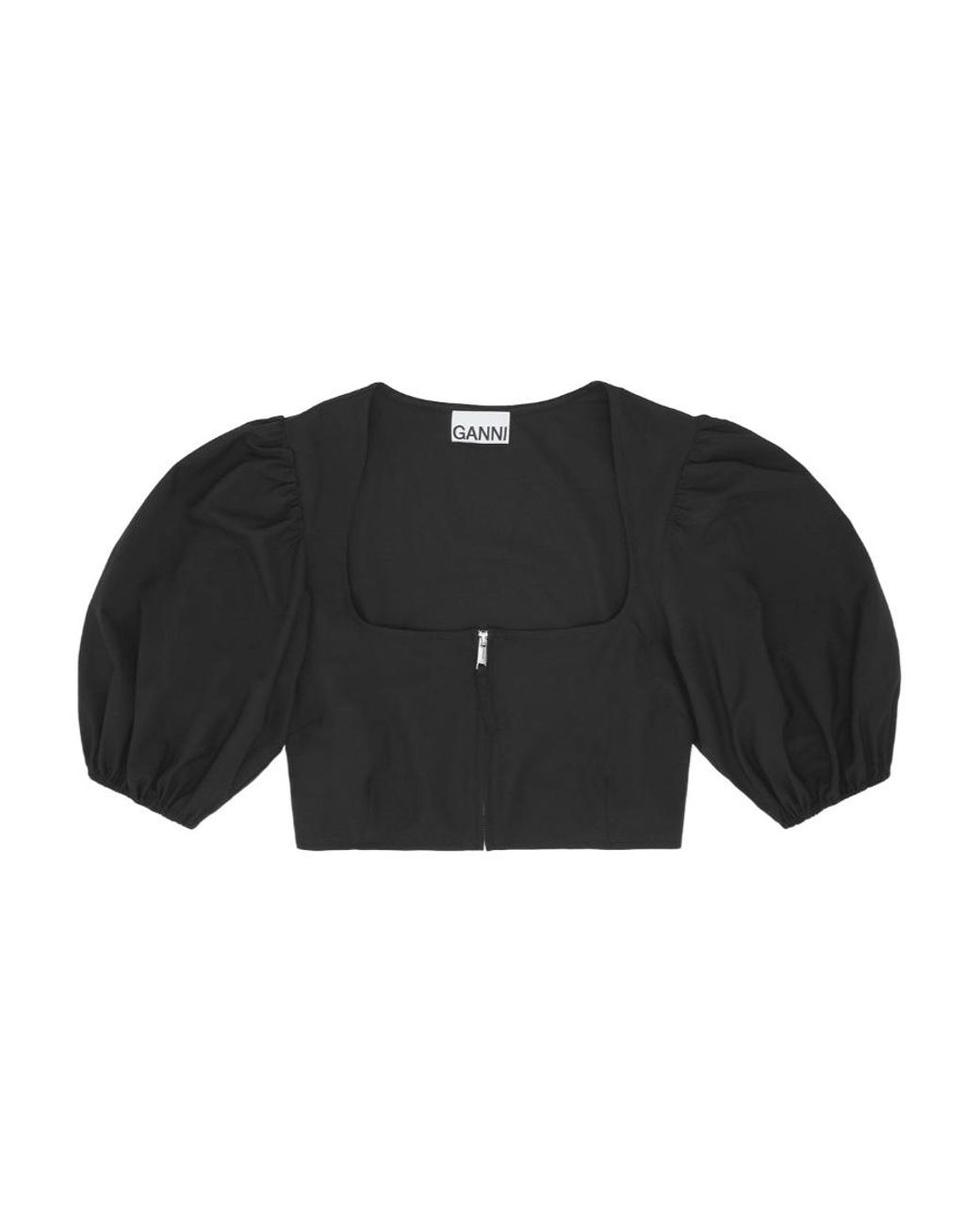 Ganni Black Puff Sleeved Cropped Top
