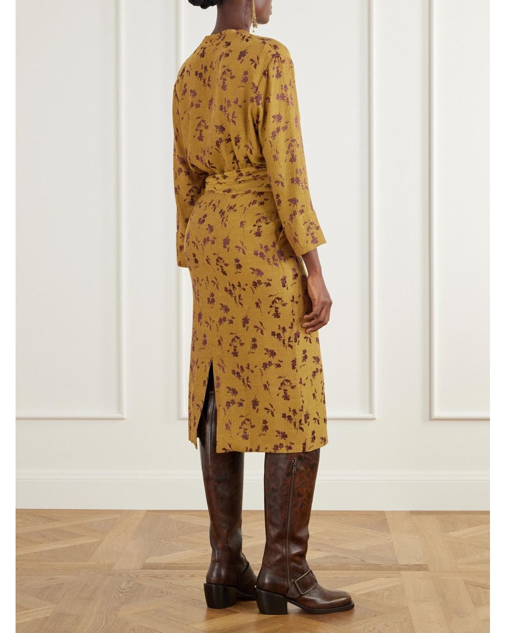 Dries Van Noten Yellow Floral-Jacquard Satin Midi Dress