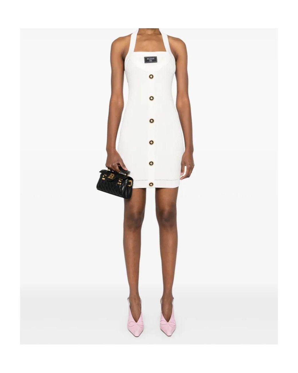 Balmain White Halterneck Ribbed Knit Mini Dress