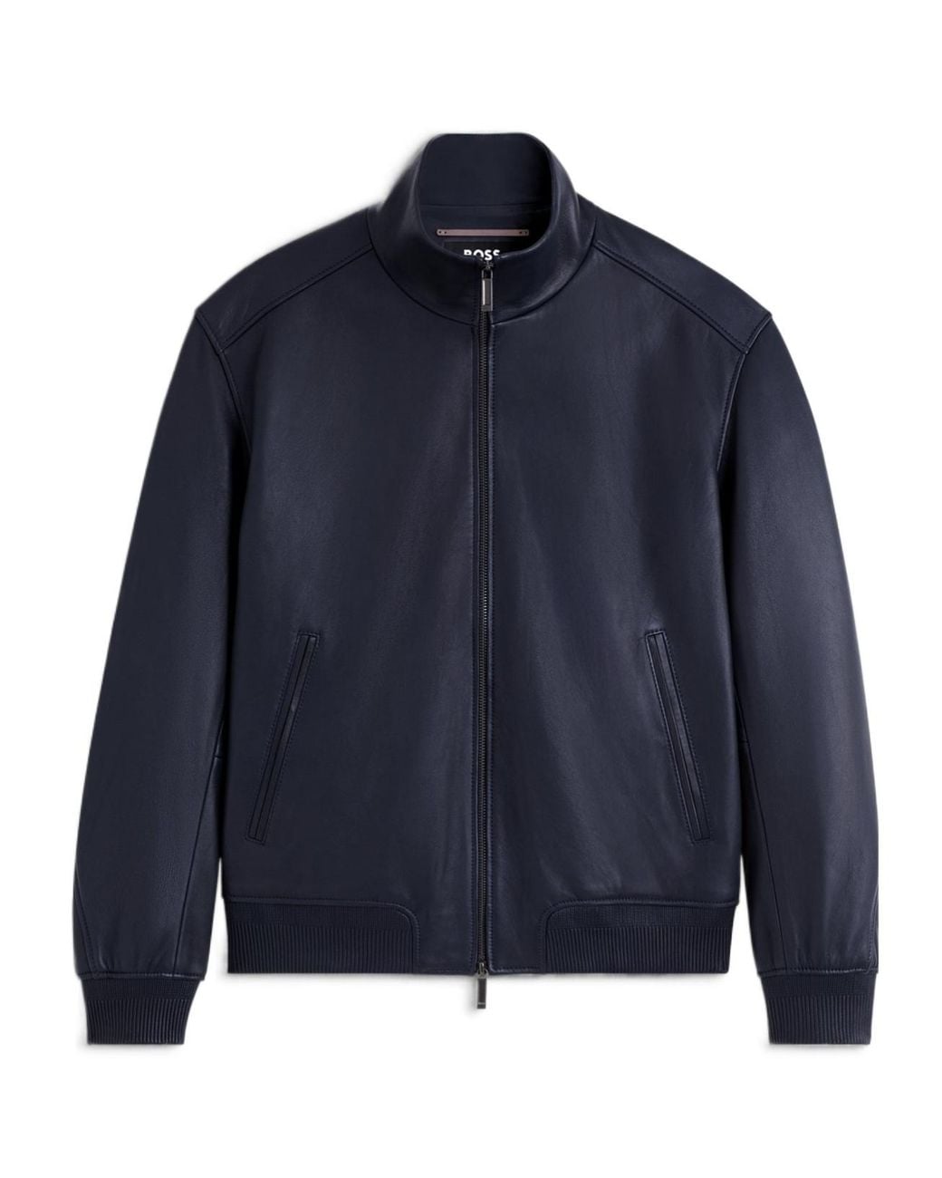 Boss Blue Zip-Up Leather Bomber Jacket for men