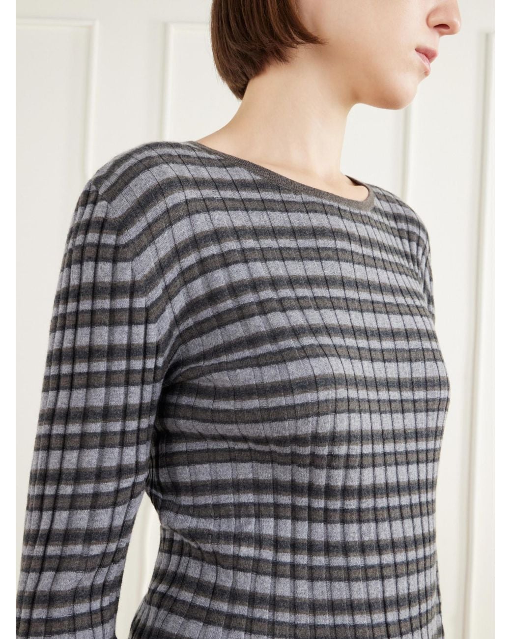 Lisa Yang Gray Striped Ribbed Cotton And Cashmere-Blend Sweater