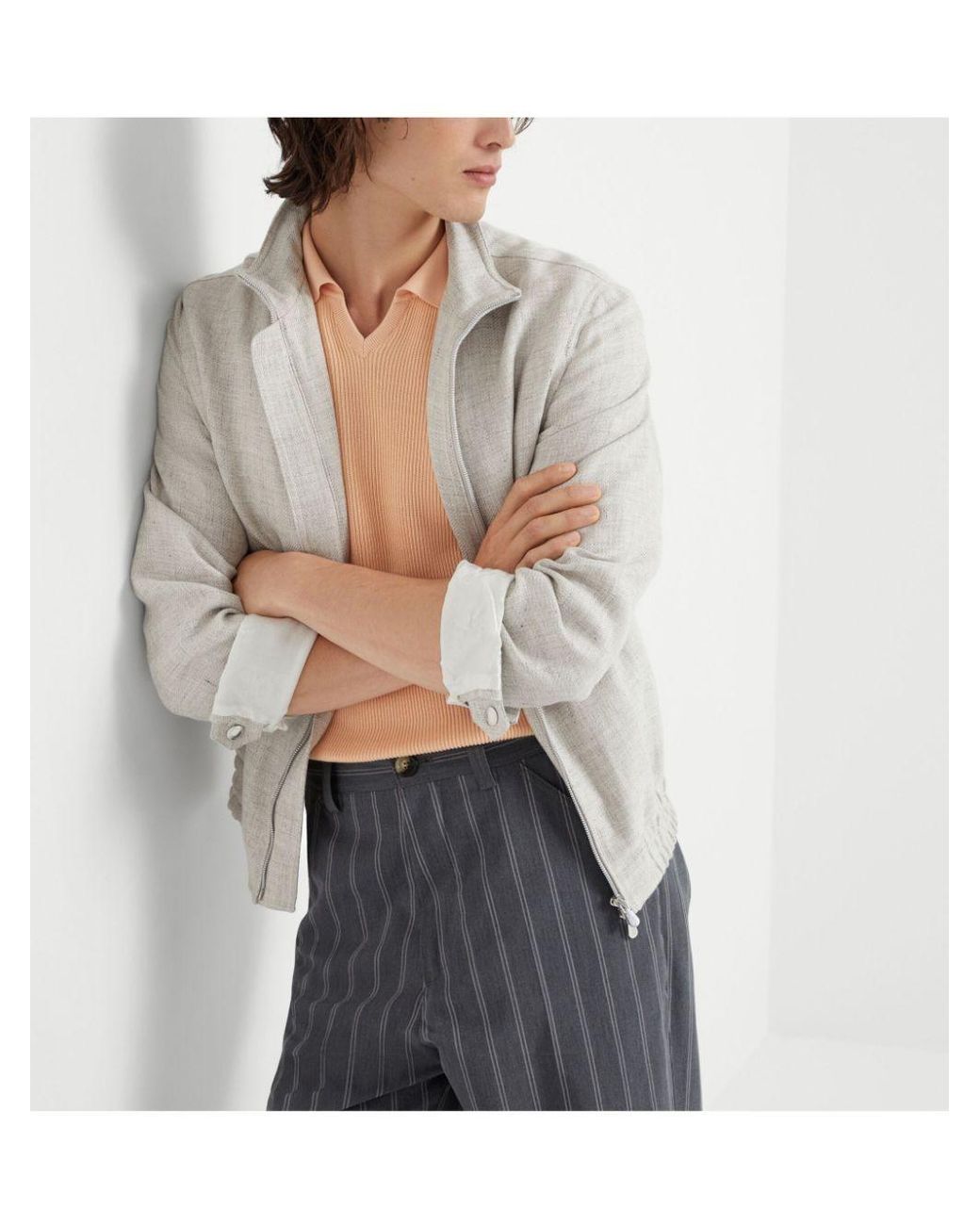 Brunello Cucinelli White Zipped Bomber Jacket for men