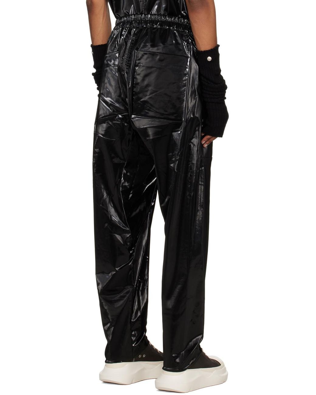 Rick Owens Black Glossy-Finish Drop-Crotch Trousers for men