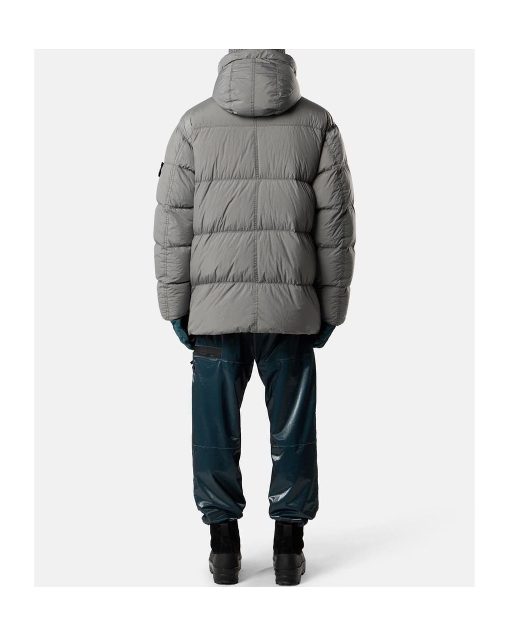 Stone Island Gray Quilted Hooded Down Jacket With Angular Flap Pockets for men