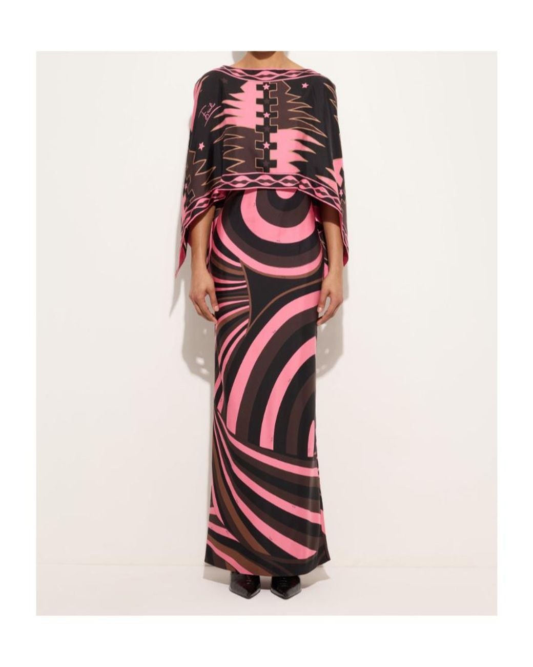 Emilio Pucci Red Iride Print Silk Dress With Cape