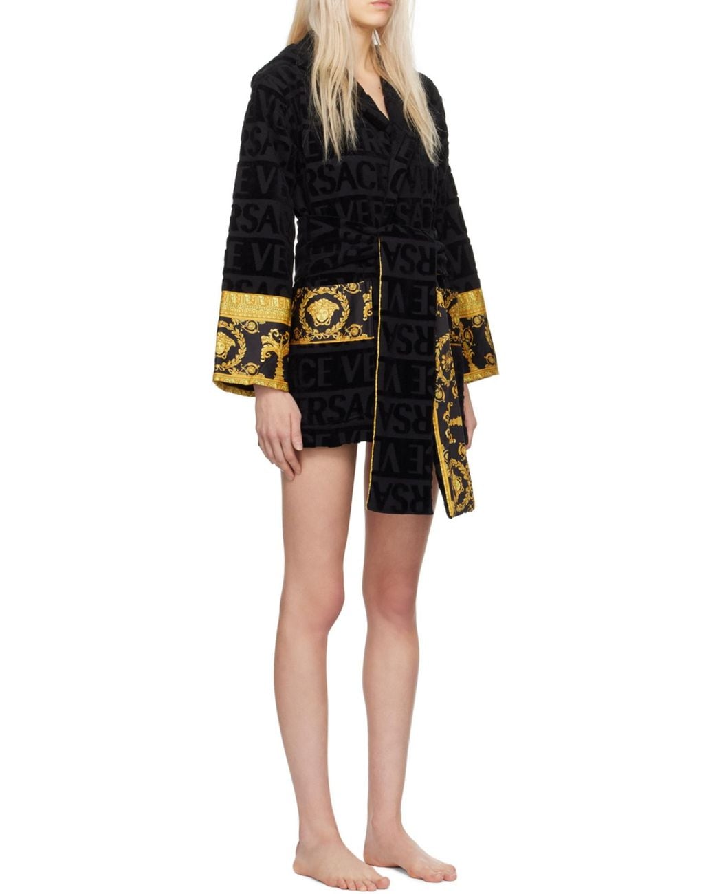 Versace Black Baroque Printed Belted Waist Robe for men