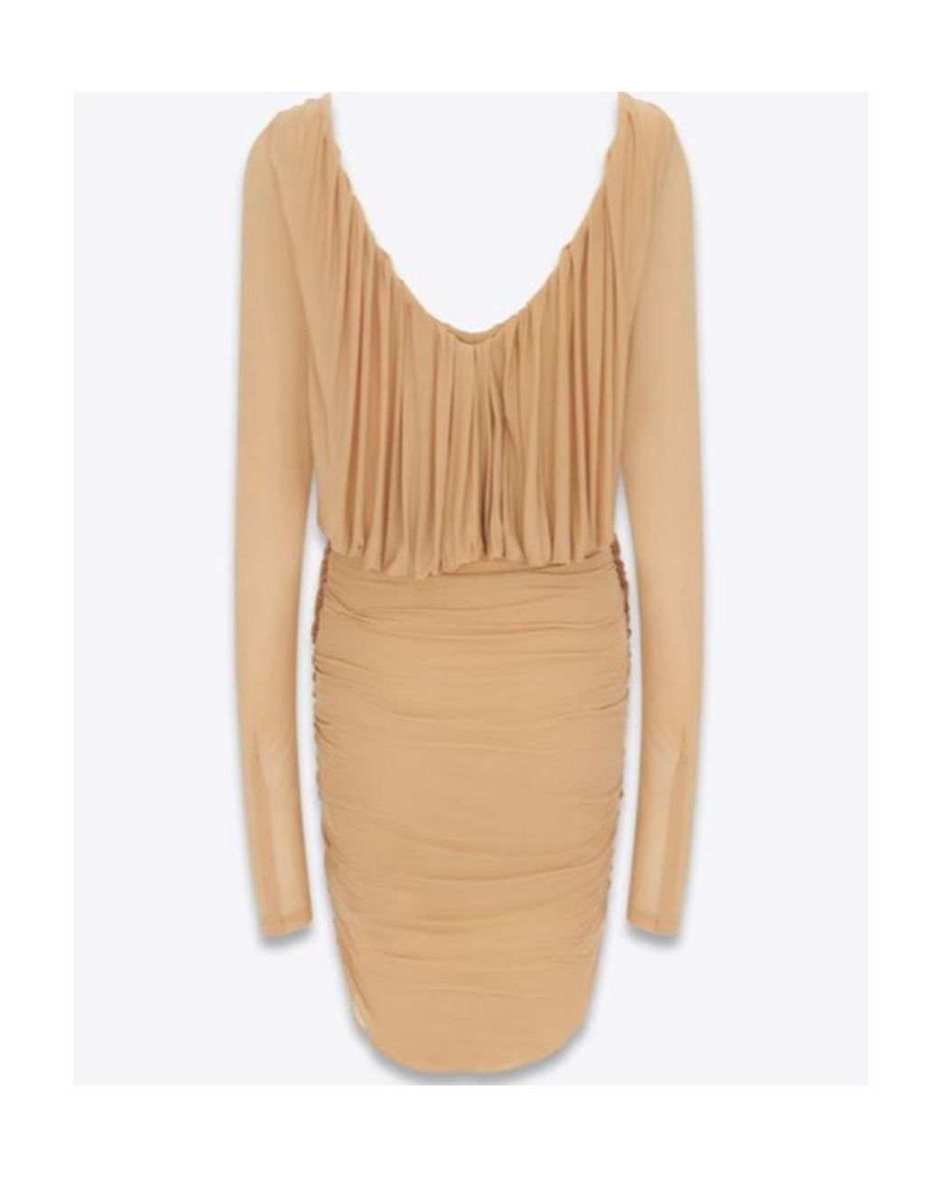 Saint Laurent Natural V-Neck Draped Long-Sleeved Dress