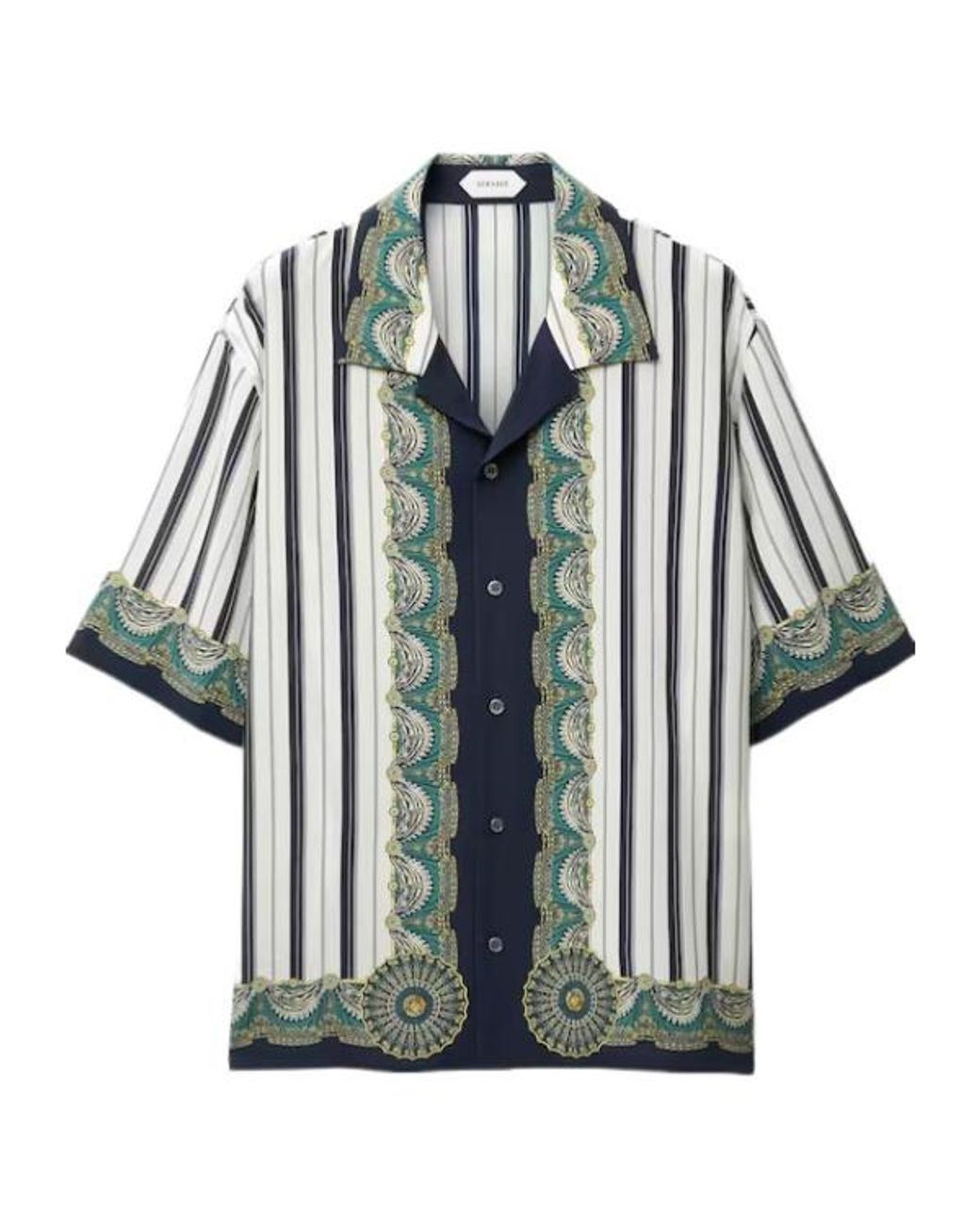 Versace Blue Pattern-Printed Crêpe De Chine Short-Sleeved Shirt for men