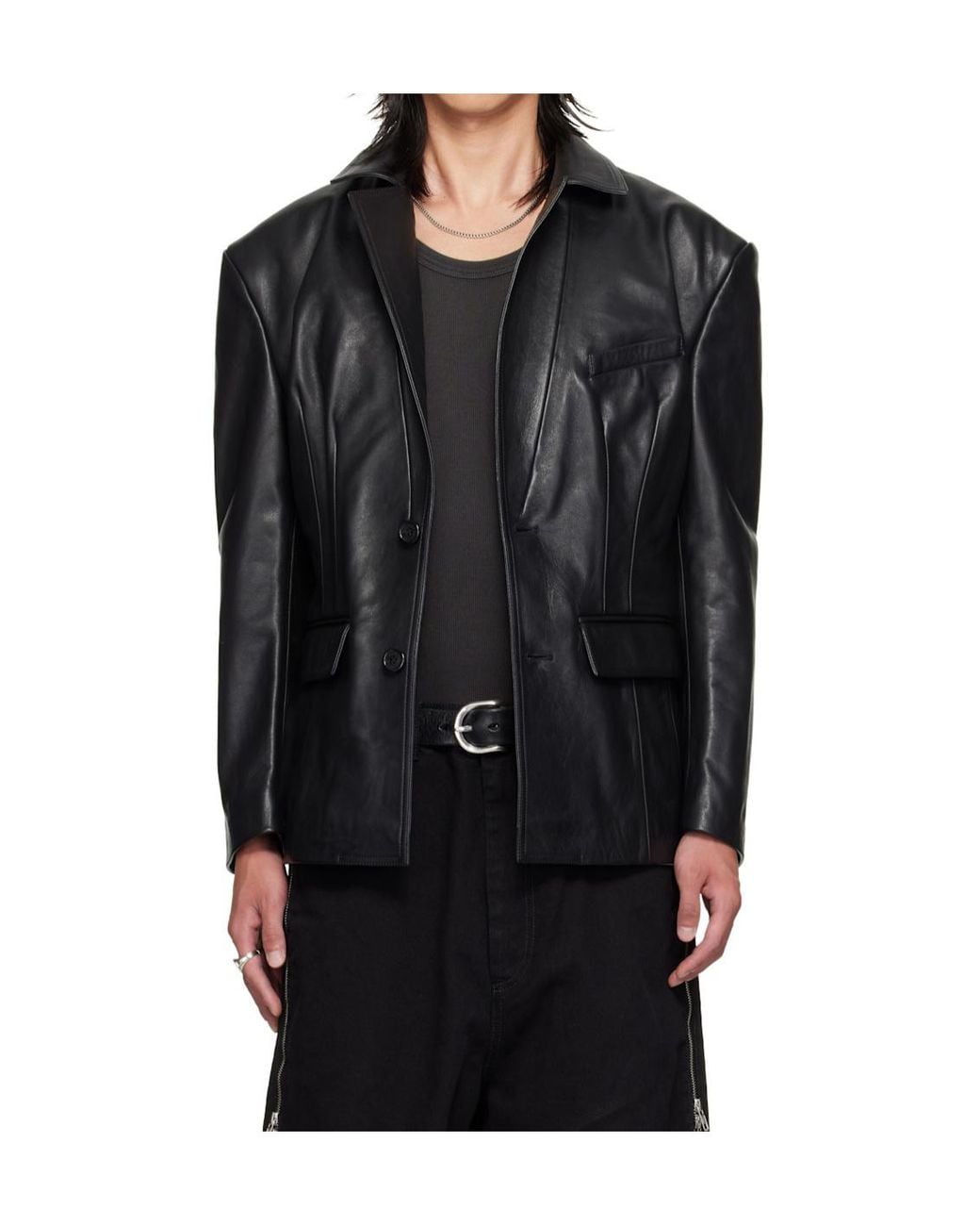 Lu'u Dan Black Belted Leather Suit Jacket for men