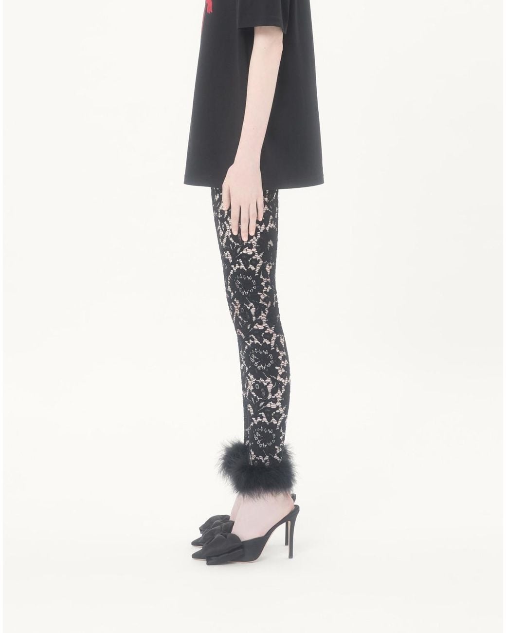 Valentino Black Lace Leggings With Feathers