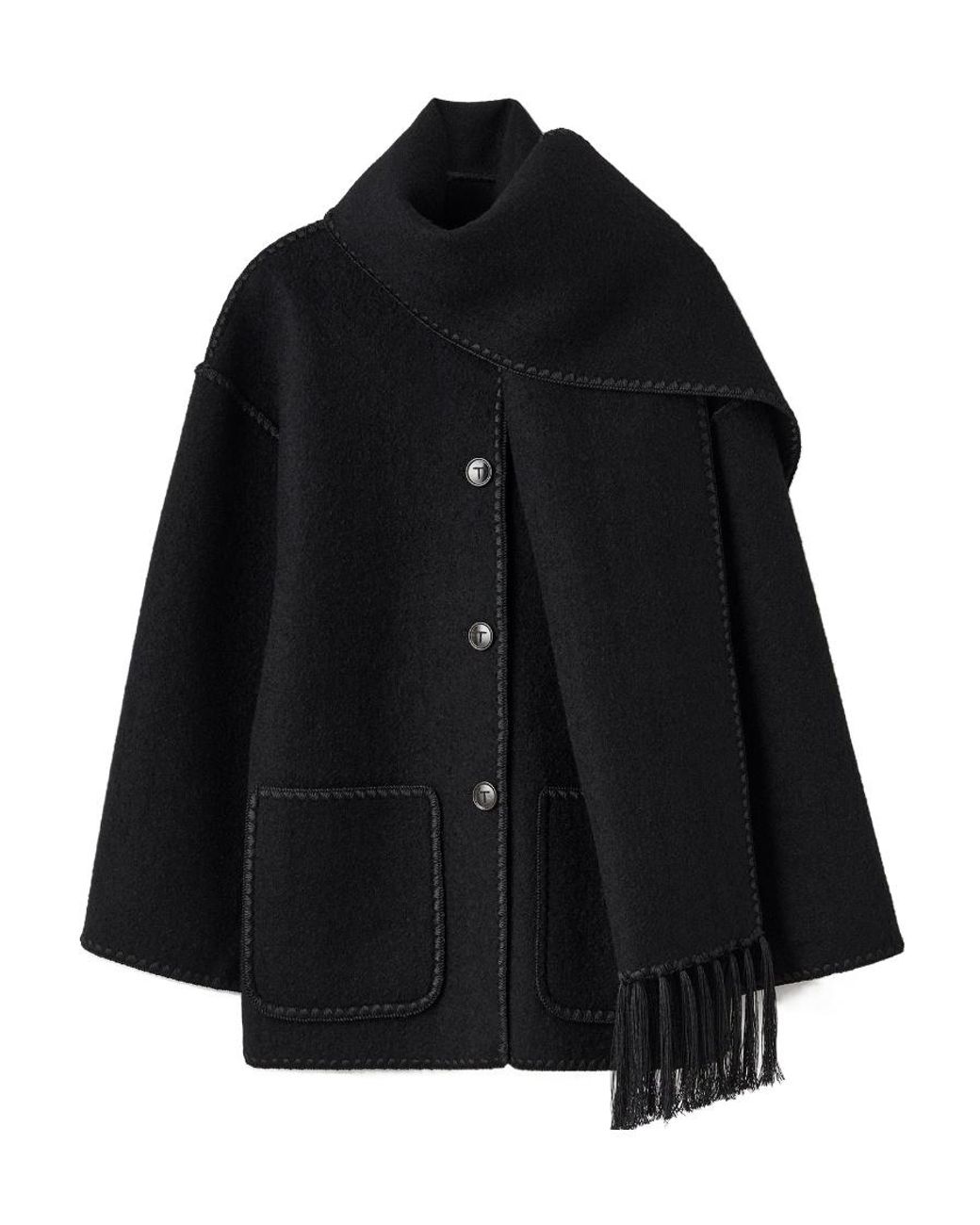 Totême Black Totême Dropped-Shoulder Fringed-Edge Scarf Jacket