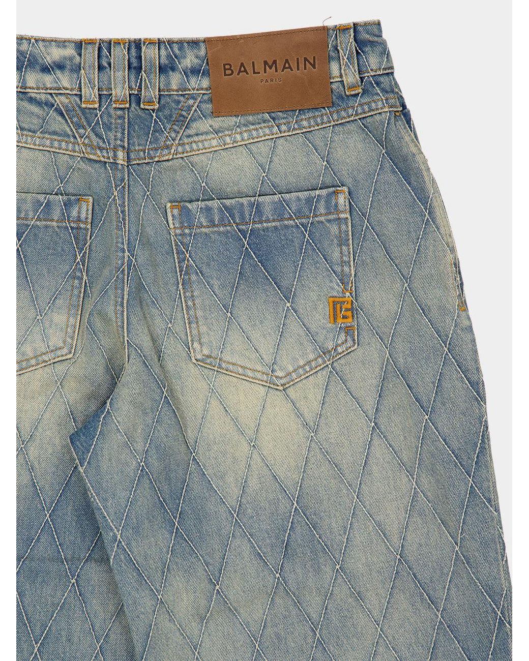 Balmain Blue Diamond-Quilted Wide-Leg Jeans