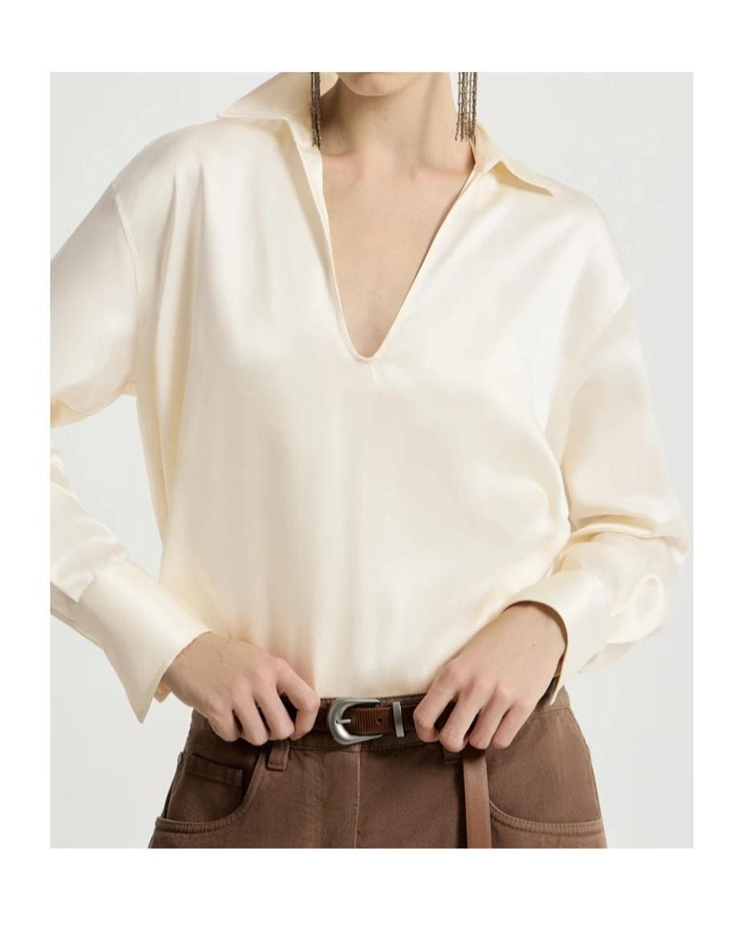 Brunello Cucinelli White Silk Satin Blouse