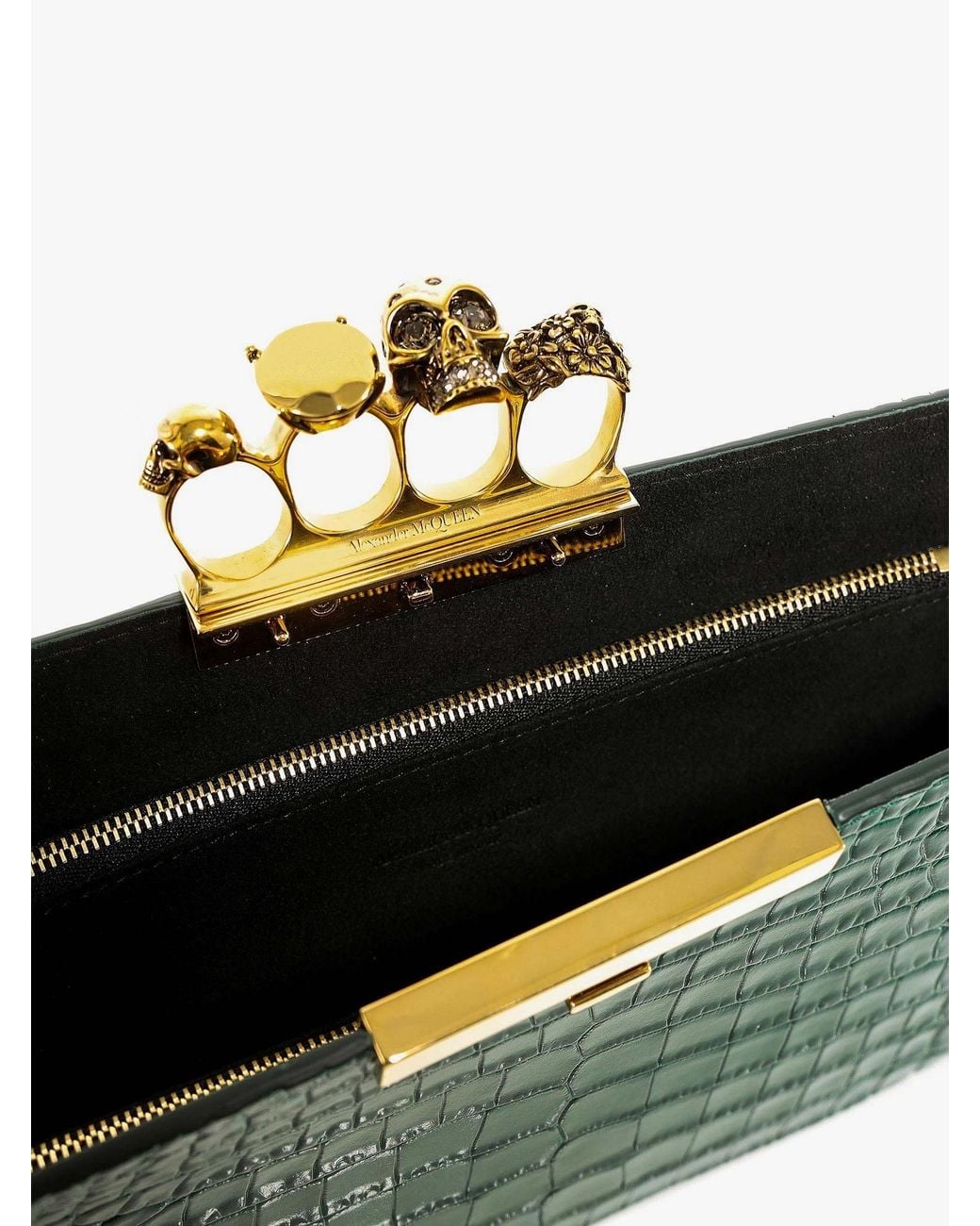 McQueen Green Four-Ring Embossed Clutch Bag