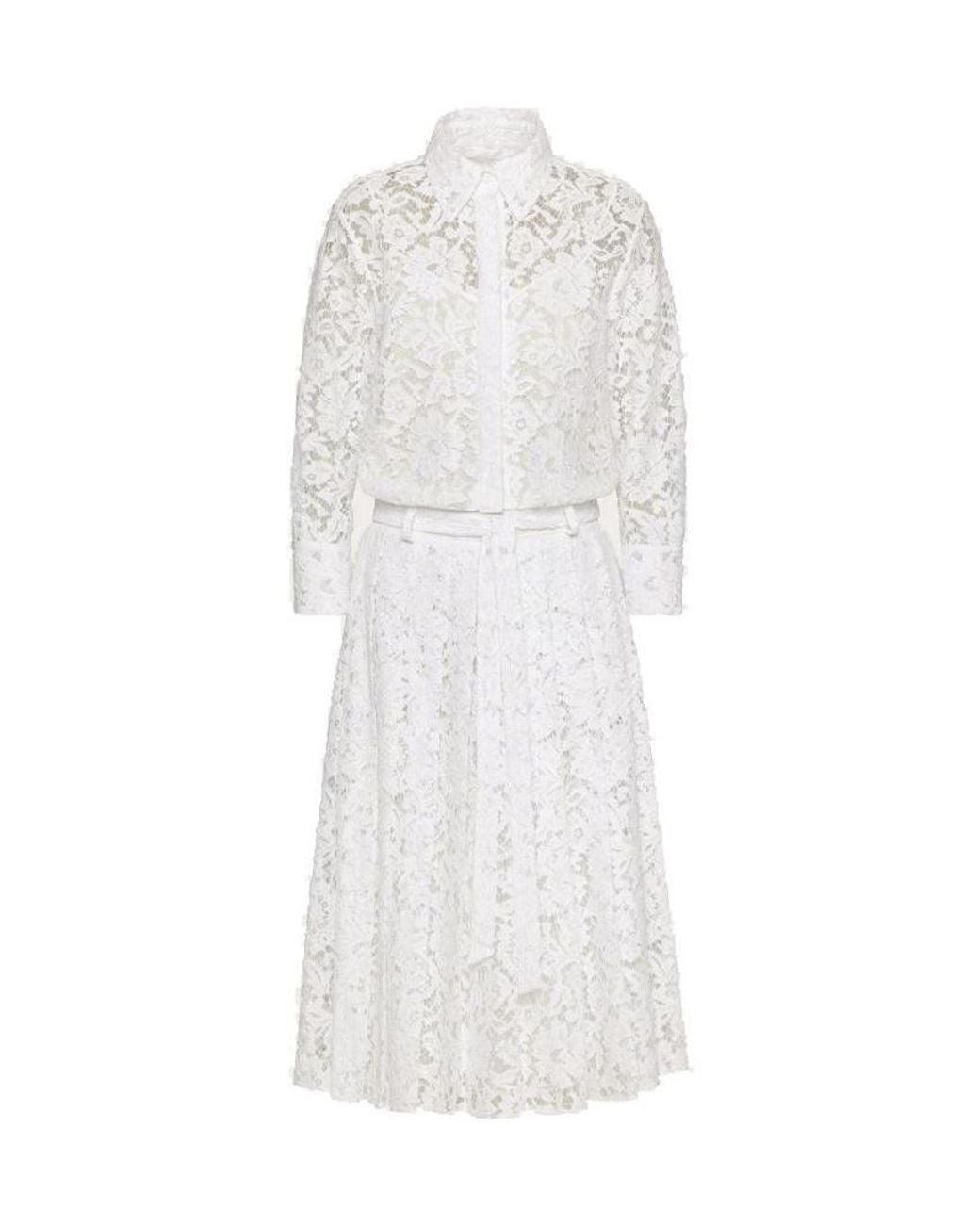 Valentino White Floral-Lace Pleated Shirt-Dress