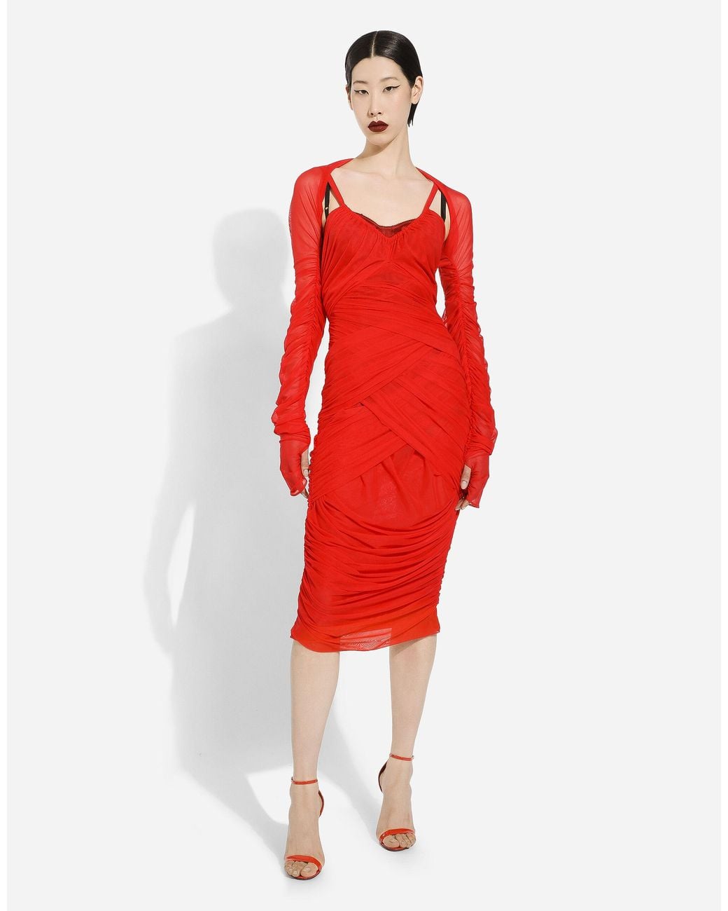 Dolce & Gabbana Red Tulle Draped Long-Sleeved Midi Dress