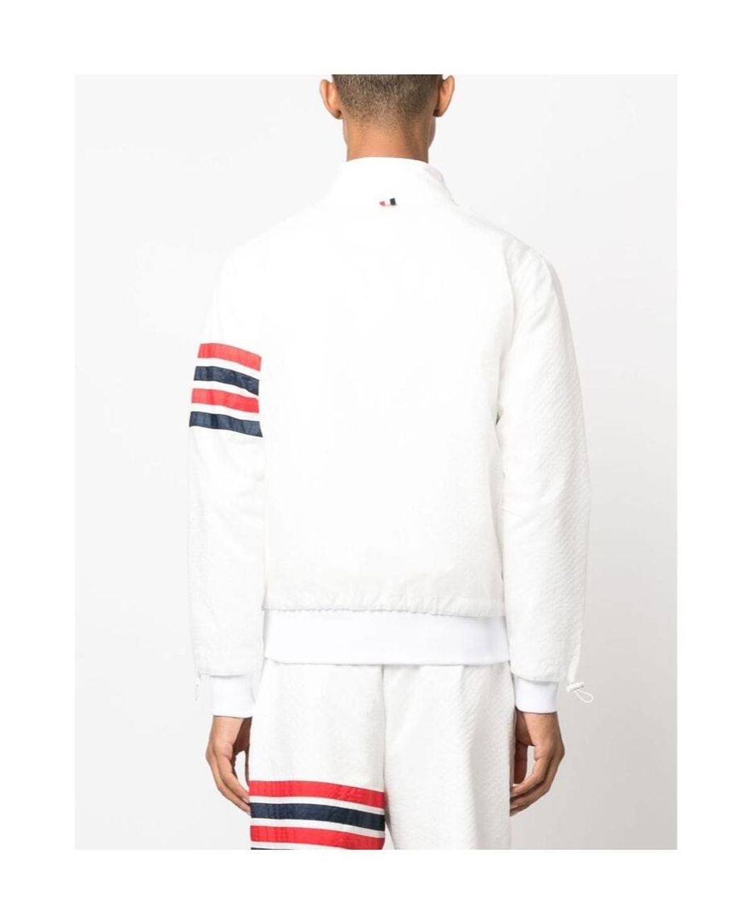 Thom Browne White Bar Striped Zipped Ripstop Jacket for men