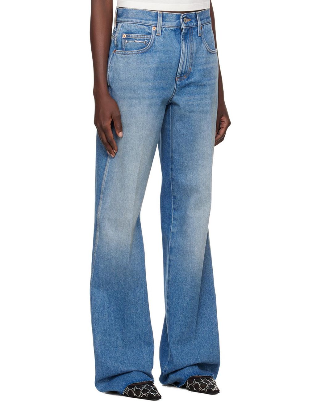 Gucci Blue Logo Patch Wide-Leg Jeans