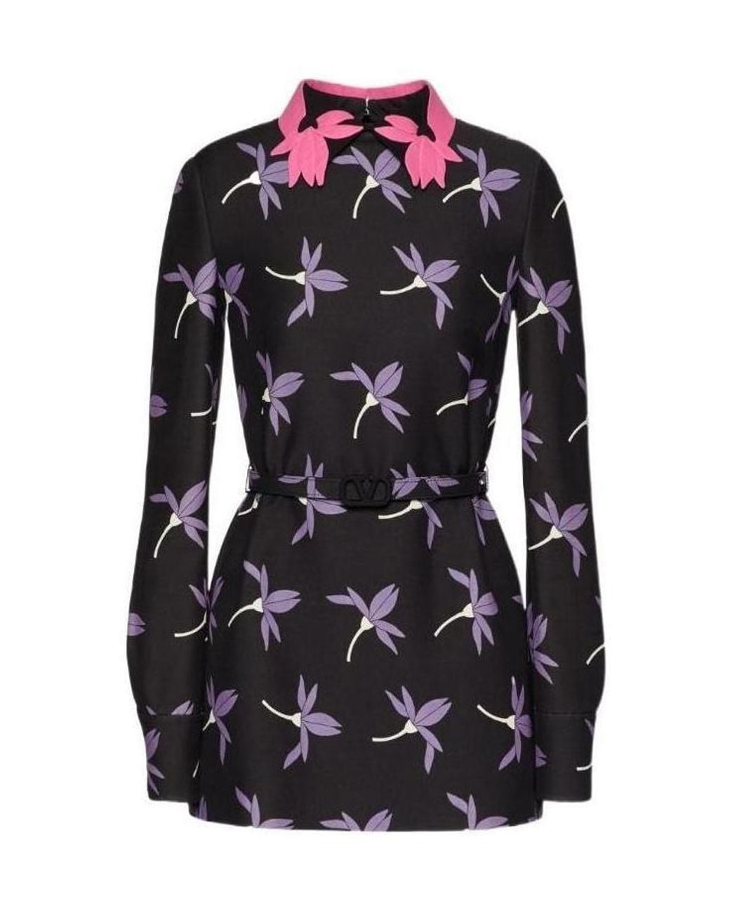 Valentino Black Fairy Flowers Printed Belted Long-Sleeved Shirt