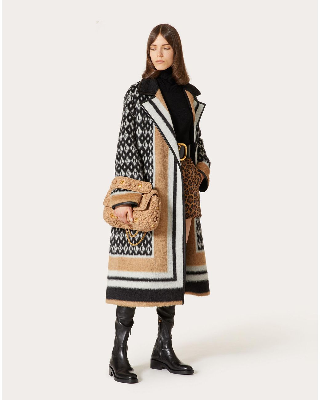 Valentino White Notched-Lapel Intarsia-Knit Coat