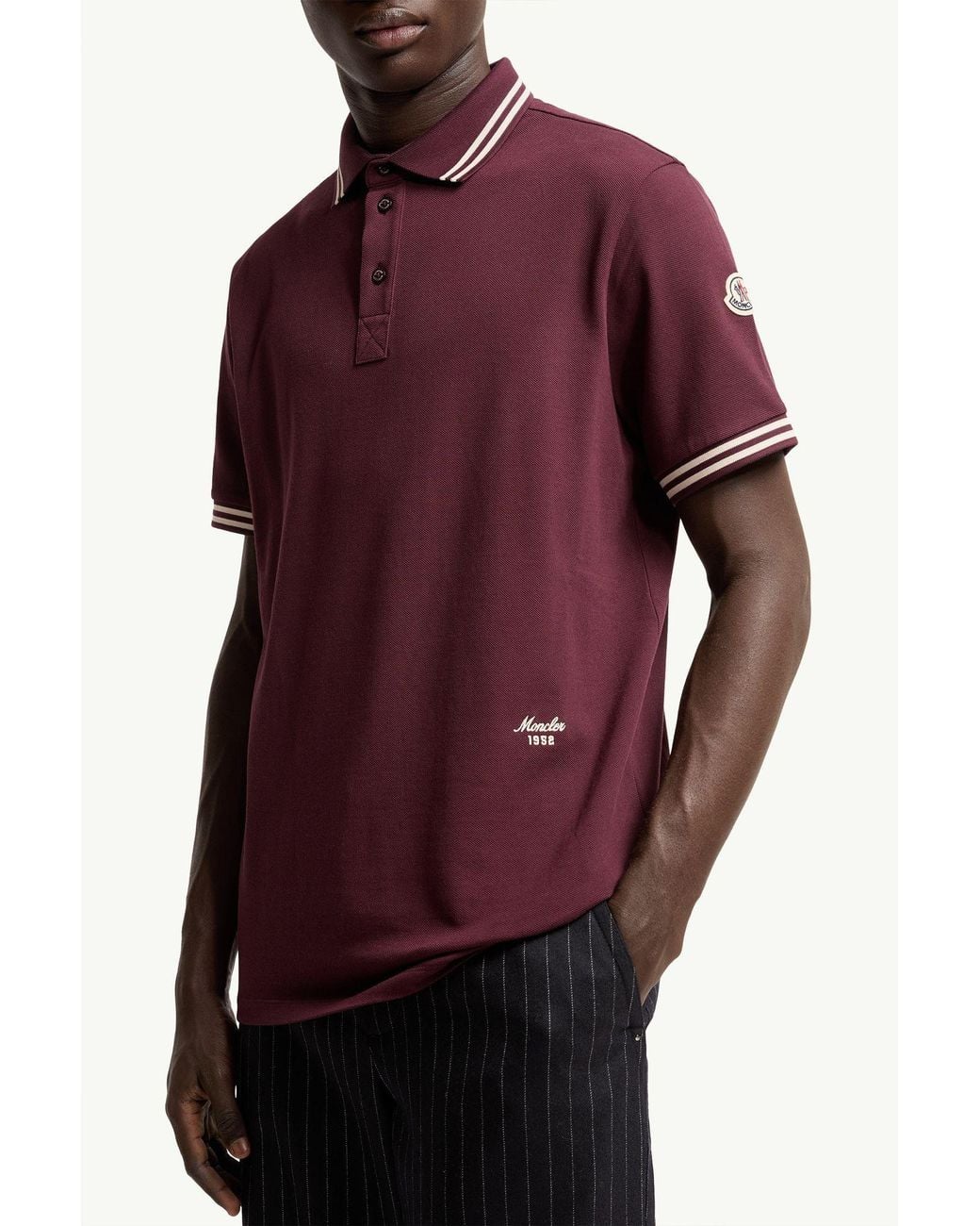 Moncler Red Striped Trim Piquet Polo Shirt for men
