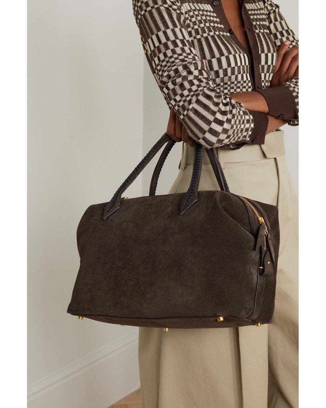 Metier Brown Medium Braided Leather-Trimmed Suede Tote