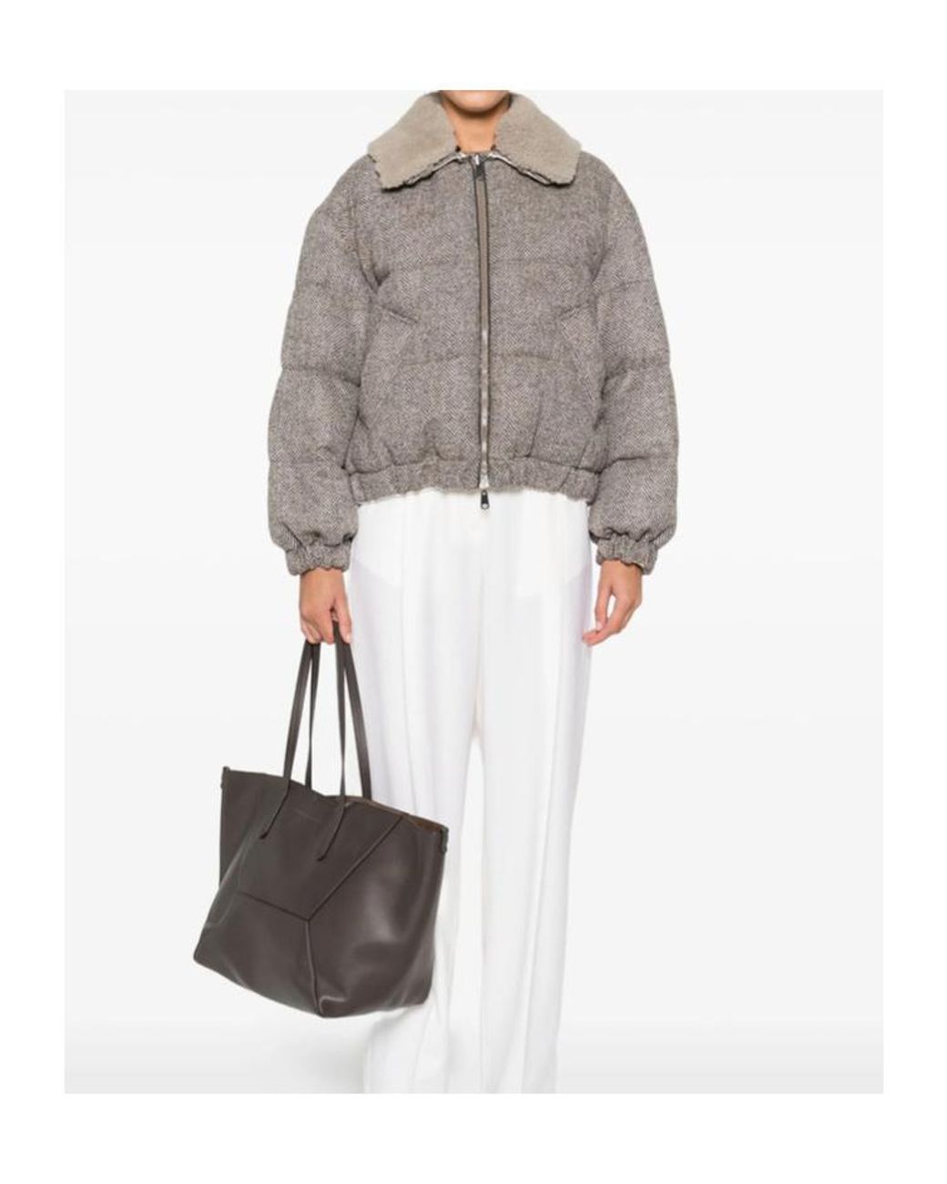 Brunello Cucinelli Gray Herringbone Zip-Up Quilted Jacket