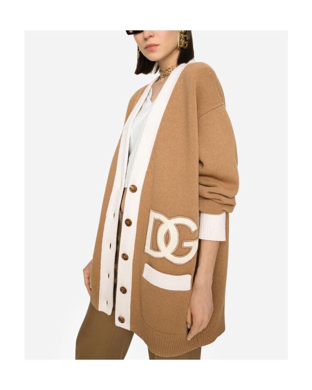 Dolce & Gabbana Natural Logo Patch V-Neck Cardigan