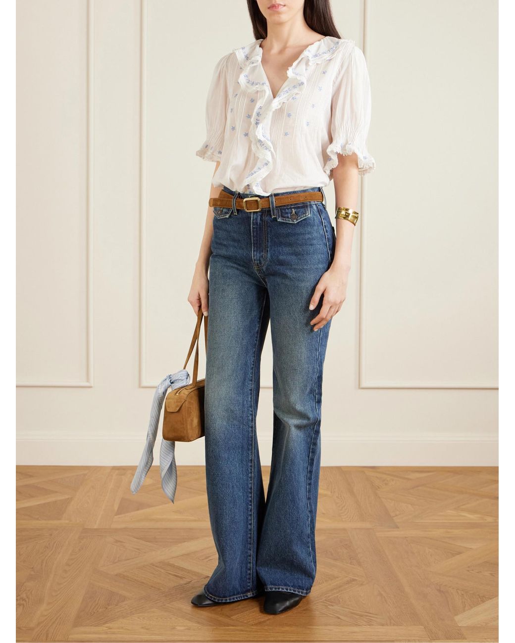 Doen White Hettie Ruffled Floral-Embroidered Blouse