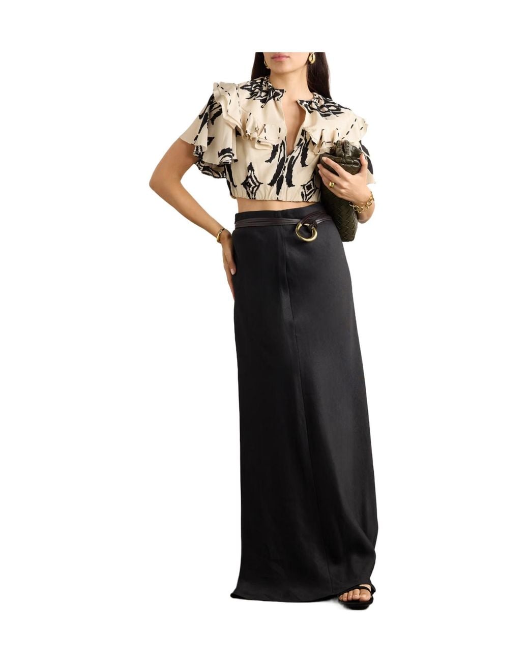 Johanna Ortiz Metallic Cropped Ruffled Printed Silk-Chiffon Top