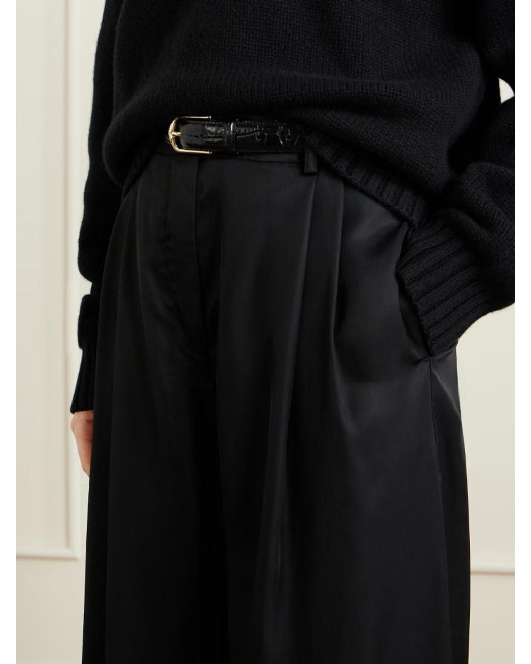 Frankie Shop Black Marfa Pleated Twill Wide-Leg Pants