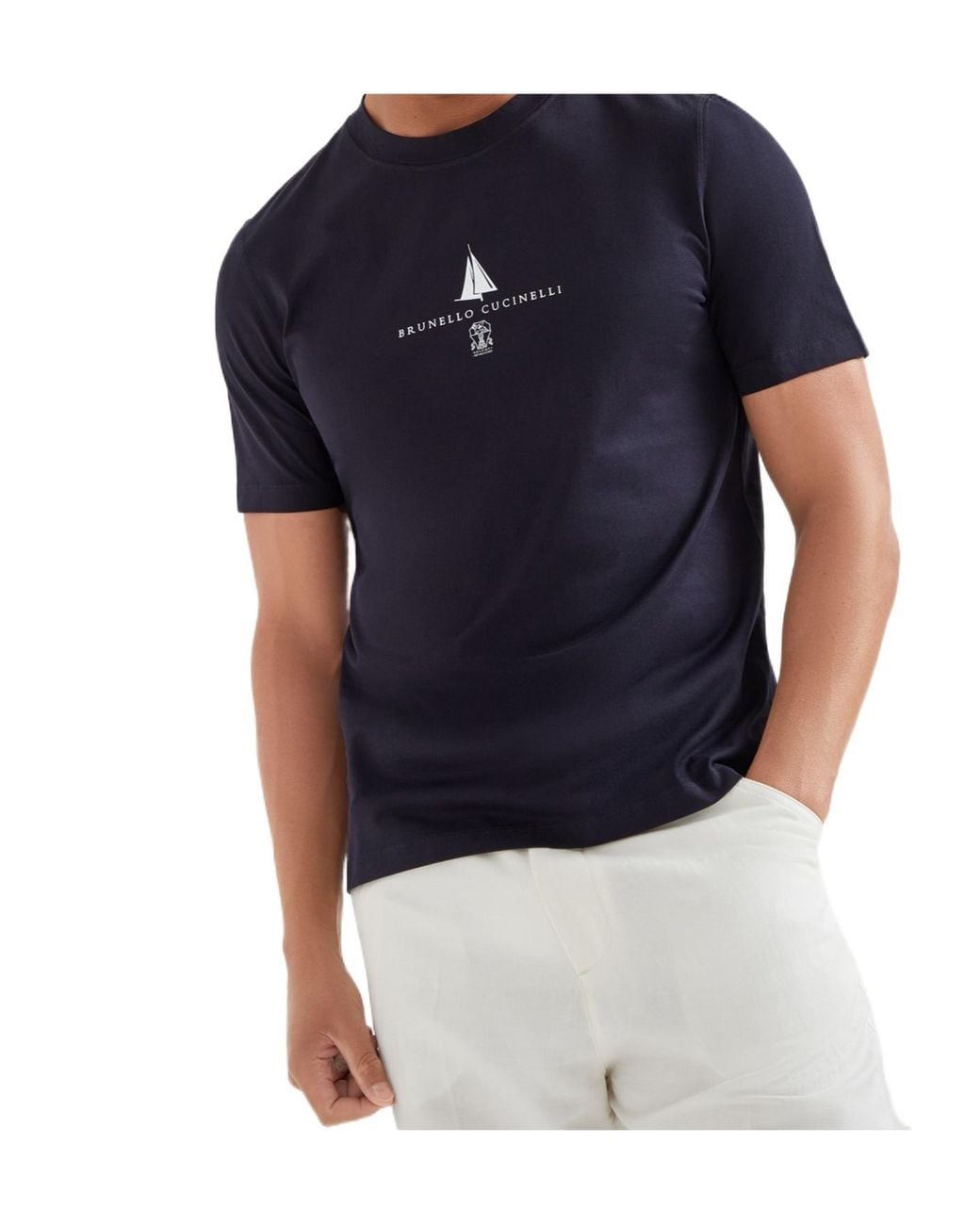 Brunello Cucinelli Blue Logo Printed Crewneck T-Shirt for men