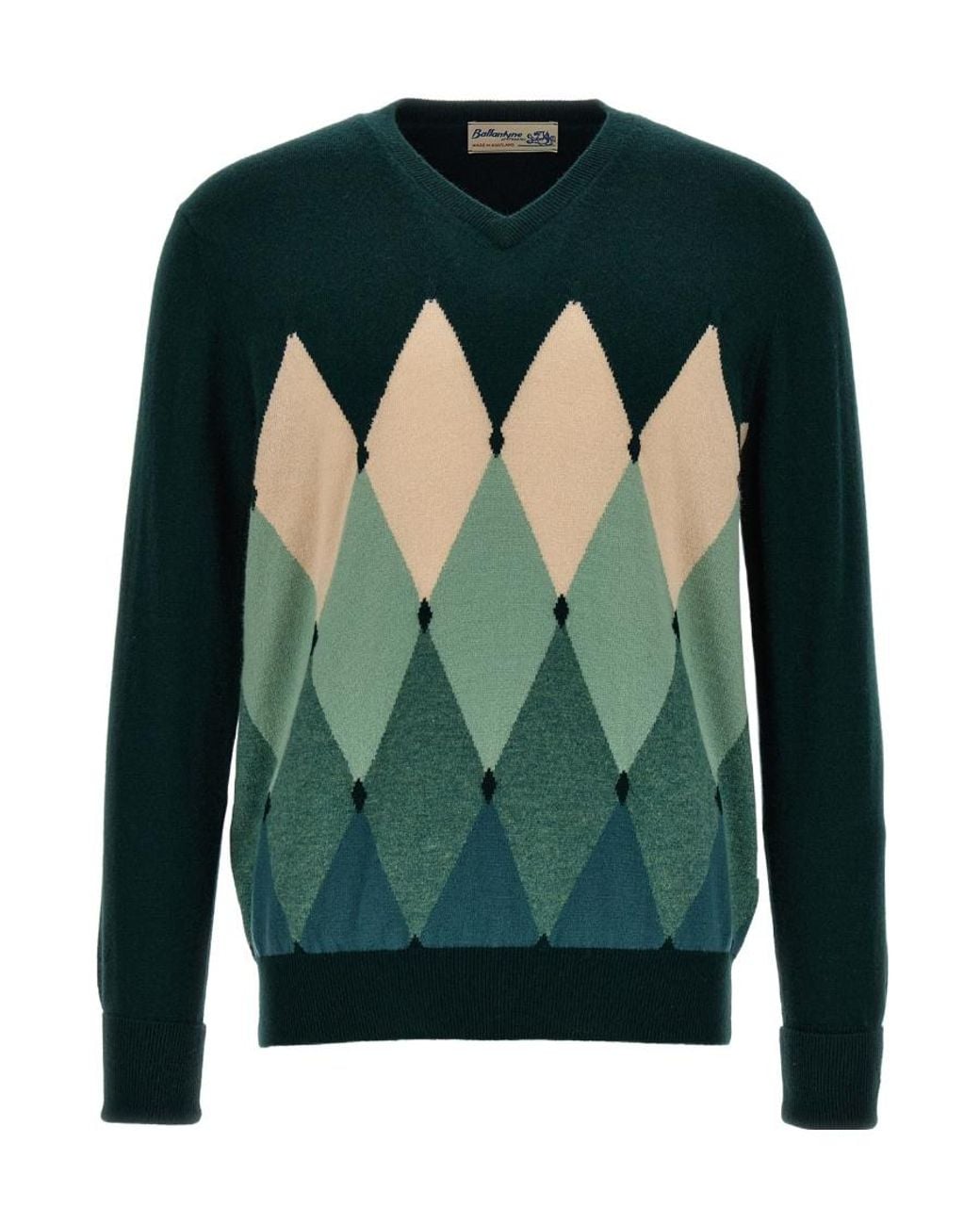 Ballantyne Green Diamond Pattern V-Neck Jumper for men