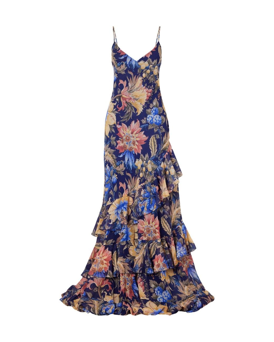 Etro Blue Floral-Print Ruffled Crepon Maxi Dress