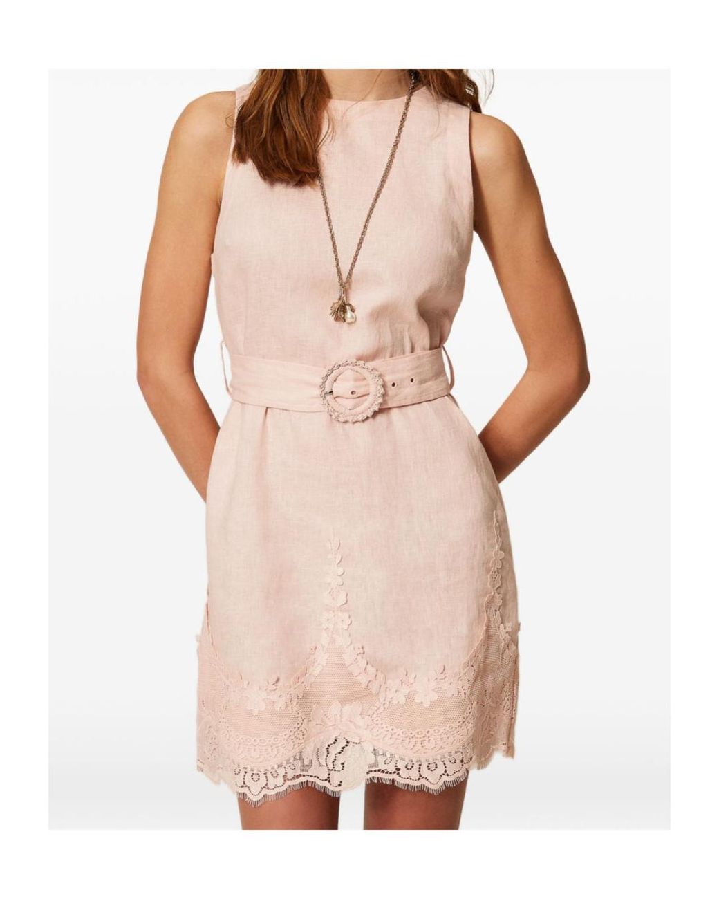 Twinset Pink Belted Lace-Trim Mini Dress